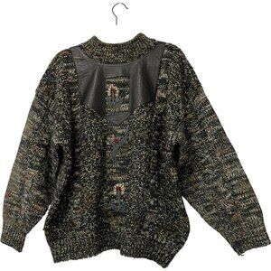 Vintage Mark Elliot Sweater Mens Large Gray Leather Trim Chunky Knit 80s Korea